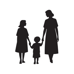 A drawing of a family with a child and a woman holding hands silhouette on white background. 