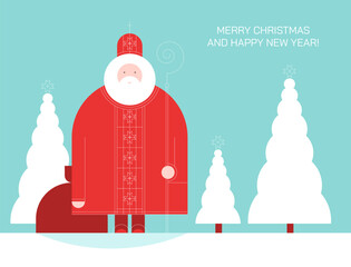 Christmas greeting card. Illustration of the Saint Nicholas character in the geometric style