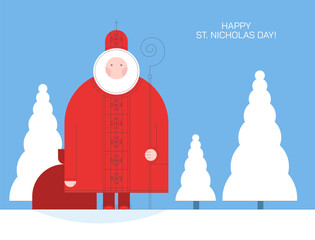 Christmas greeting card. Illustration of the Saint Nicholas character in the geometric style