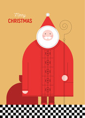 Christmas greeting card. Illustration of the Santa Claus character in the geometric style