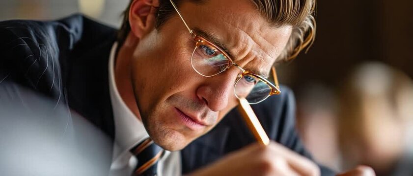 Deep Thought: A focused individual, wearing glasses and holding a pencil, delves into intricate details, his brow furrowed in concentration.
