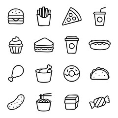 Set of Stroke base black and white Fast Food Icons