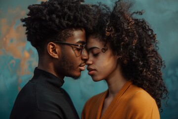 Portrait of a blissful multicultural couple in their 20s standing face to face having intimate romantic moment