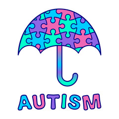 Autism awareness umbrella. Puzzle pattern symbol of support and inclusion. Autism understanding and protection. Colorful autism spectrum design element. Autism awareness month. Vector illustration. 