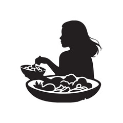 A silhouette of a woman in a bowl of food with a bowl of food Silhouette On white Background.
