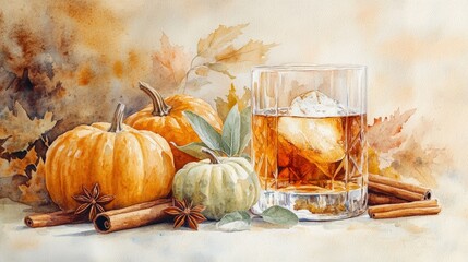 A cozy autumn scene featuring a glass of whiskey with ice, surrounded by pumpkins, cinnamon sticks, and fall leaves.