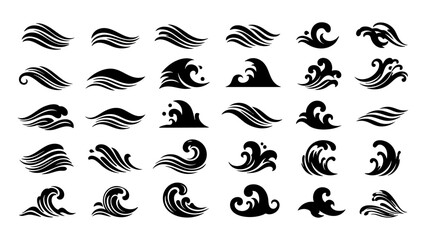 Black Ocean Wave Icon Set – Minimalist Silhouette Water Symbols