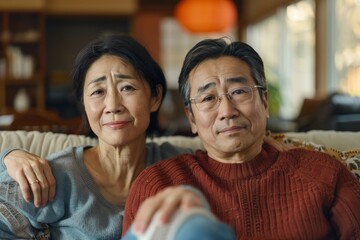 Fototapeta premium Portrait of a tender asian couple in their 30s sitting on the couch relaxing