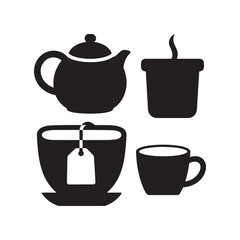 Black and white icons for tea and beverages with tea bag teapot cup drink Silhouette On white Background. 