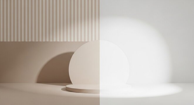 Minimalist product promotion background with striped wall and round podium in soft beige and white high key lighting