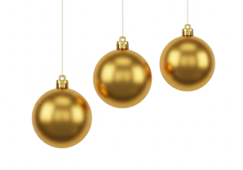 Three golden christmas baubles isolated on transparent background
