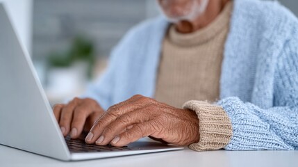 Elderly person in knitted sweater using laptop at home, concept of digital inclusion, online communication and learning technology