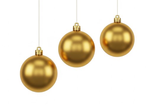 Three golden christmas baubles isolated on transparent background