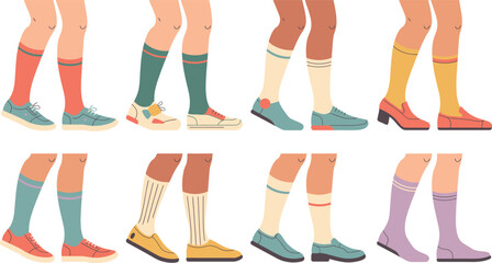 Illustrated Legs Wearing KneeHigh Socks with Various Shoes, Colorful Footwear Collection