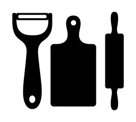 Obraz premium Kitchen prep tool silhouettes vector set, peeler, rolling pin, cutting board icons for cooking and baking graphic design elements