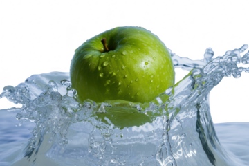 Green apple splashing into water isolated on transparent background