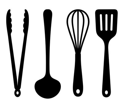 Kitchen utensil silhouettes vector set, cooking and baking tools icons graphic design elements