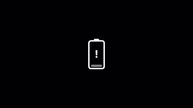  Simple low battery animation. Digital red low battery icon on black transparent Loop background. Blinking low battery animation.
