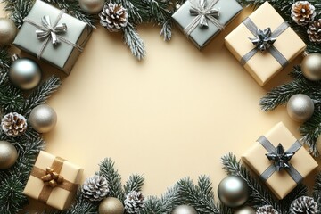 Obraz premium Gift-Wrapped Cheer: A festive array of beautifully wrapped gifts nestled among evergreen branches and glistening ornaments, all arranged in an elegant composition.