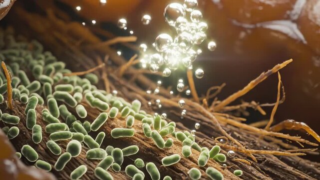 Inside termite guts, macro focus reveals cellulose-digesting bacteria working symbiotically, releasing gas bubbles that shimmer like tiny lanterns