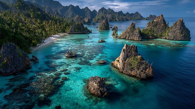 A breathtaking aerial drone view of Raja Ampat islands, capturing turquoise waters, lush green islets, vibrant coral reefs, and pristine natural scenery - Powered by Adobe