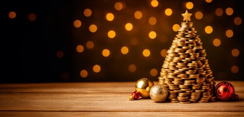 Christmas tree made of stacked coins with festive ornaments and warm golden lights, symbolizing holiday savings, wealth, and financial prosperity.