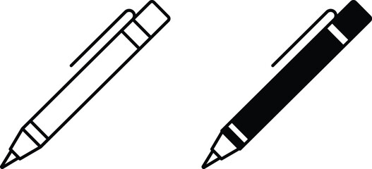 (Editable) Adobe Illustrator Artwork, Premium Quality Line Art and Silhouette (Pack) - Outlined and solid black pen icons of a mechanical pencil.
