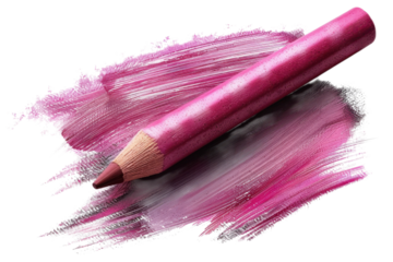 Pink lip pencil on a smear of matching lipstick creates a vibrant makeup beauty product shot on transparent background