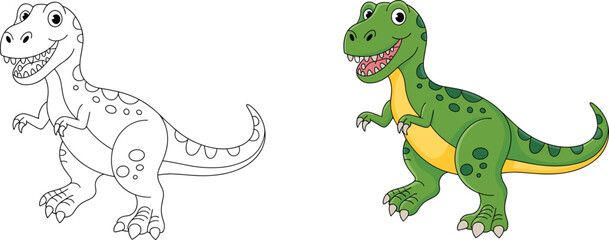 Cartoon dinosaur illustration, Tyrannosaurus rex drawing, prehistoric animal artwork, children’s coloring page, friendly dinosaur, vector design, kids education, fun, playful