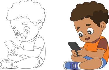 Child with smartphone illustration, kid using mobile phone, digital lifestyle drawing, technology education, coloring page, cartoon art, learning, fun, vector, activity