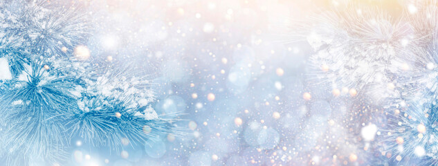 Bokeh. Winter forest in snow. Abstract Christmas nature background of snow covered trees