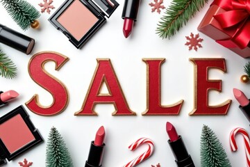 Text "Sale" with makeup products and Christmas decor on white background. AI generated