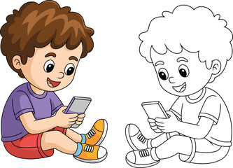 Child with smartphone illustration, kid using mobile phone, digital lifestyle drawing, technology education, coloring page, cartoon art, learning, fun, vector