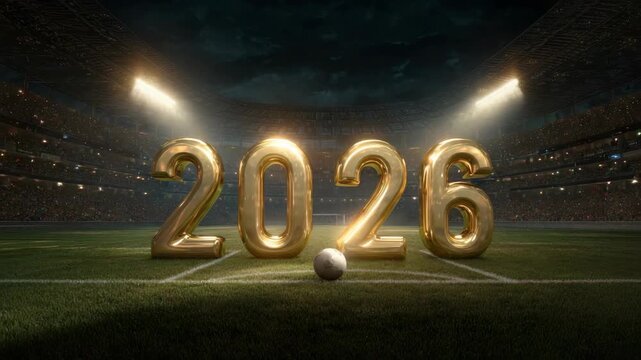 Large golden 2026 numbers with soccer ball on grass stadium field, dramatic lighting, night background, concept of upcoming football event