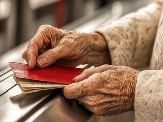 Obraz premium Elderly hands holding travel essentials while preparing for an adventure at a train station