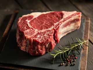 Premium thick-cut bone-in ribeye steak with rosemary and peppercorns on a slate board, ready for grilling or cooking.