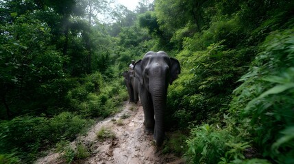 Obraz premium Elephants with riders trek along a muddy jungle path surrounded by lush green vegetation