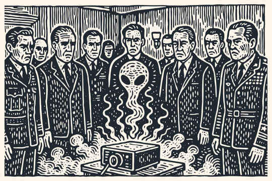 Military generals and politicians watch a holographic message from an alien. Sci-fi conspiracy concept in a vintage woodcut or linocut print style.