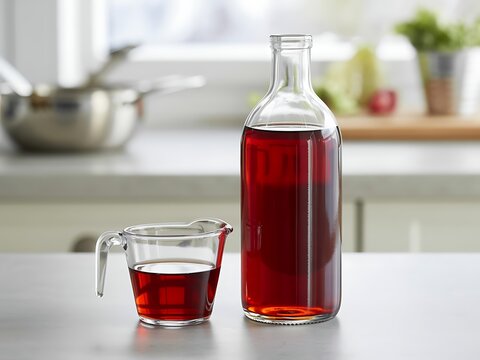 Essential tangy culinary ingredient: A bottle of red wine vinegar with a portion measured into a glass measuring cup in a bright kitchen setting.