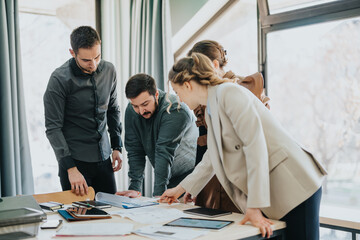 A group of colleagues actively collaborates on work at a desk in a contemporary office. The team...