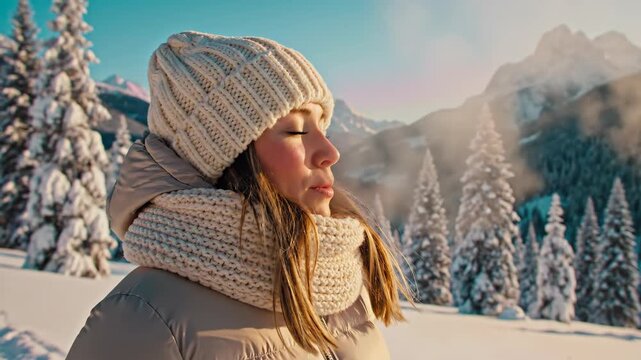 Young woman enjoying cold winter weather, breathing out visible breath in snowy mountain landscape with pine trees. Happy winter day footage.