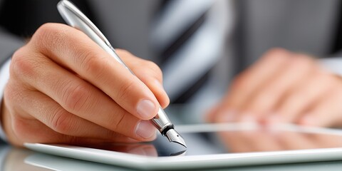 Business professional in a suit is using a digital tablet with a stylus, showcasing modern technology and digital communication in a sleek office environment