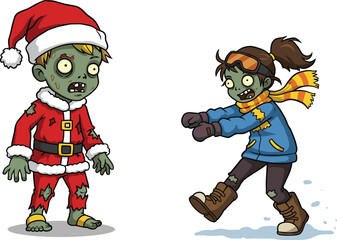 Funny cartoon zombie kids in Santa suit and winter clothes playing together in snow, Christmas holiday winter illustration concept.
