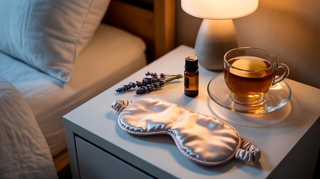 A serene sleep hygiene scene: a bedside table set for a calming wind-down routine with a silk eye mask, lavender, essential oil, and herbal tea.