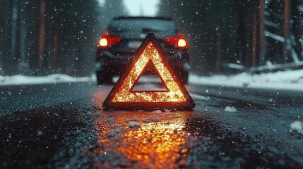 Warning triangle positioned on a snowy road indicating a vehicle breakdown in winter conditions with falling snowflakes