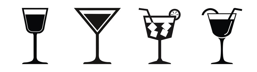 cocktail minimal flat icon set, black color and white background