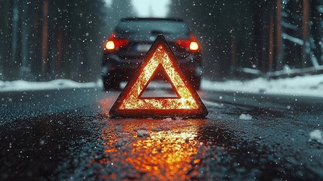 Warning triangle positioned on a snowy road indicating a vehicle breakdown in winter conditions with falling snowflakes - Powered by Adobe