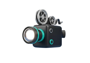 A 3d render of a vintage movie camera with film reels and lens isolated on transparent background