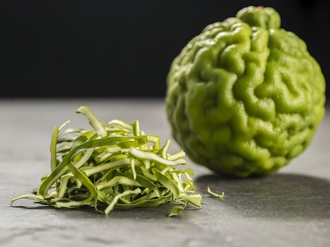 Zesty and intensely fragrant pile of Kaffir lime zest next to a whole Kaffir lime (jeruk purut) on a dark, textured surface.