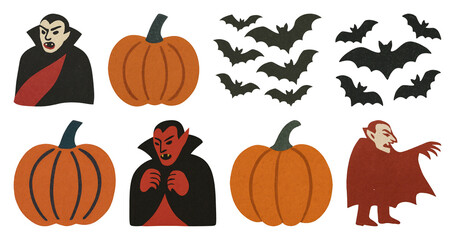 PNG Vintage Halloween vampire pumpkin bats, element set on transparent background